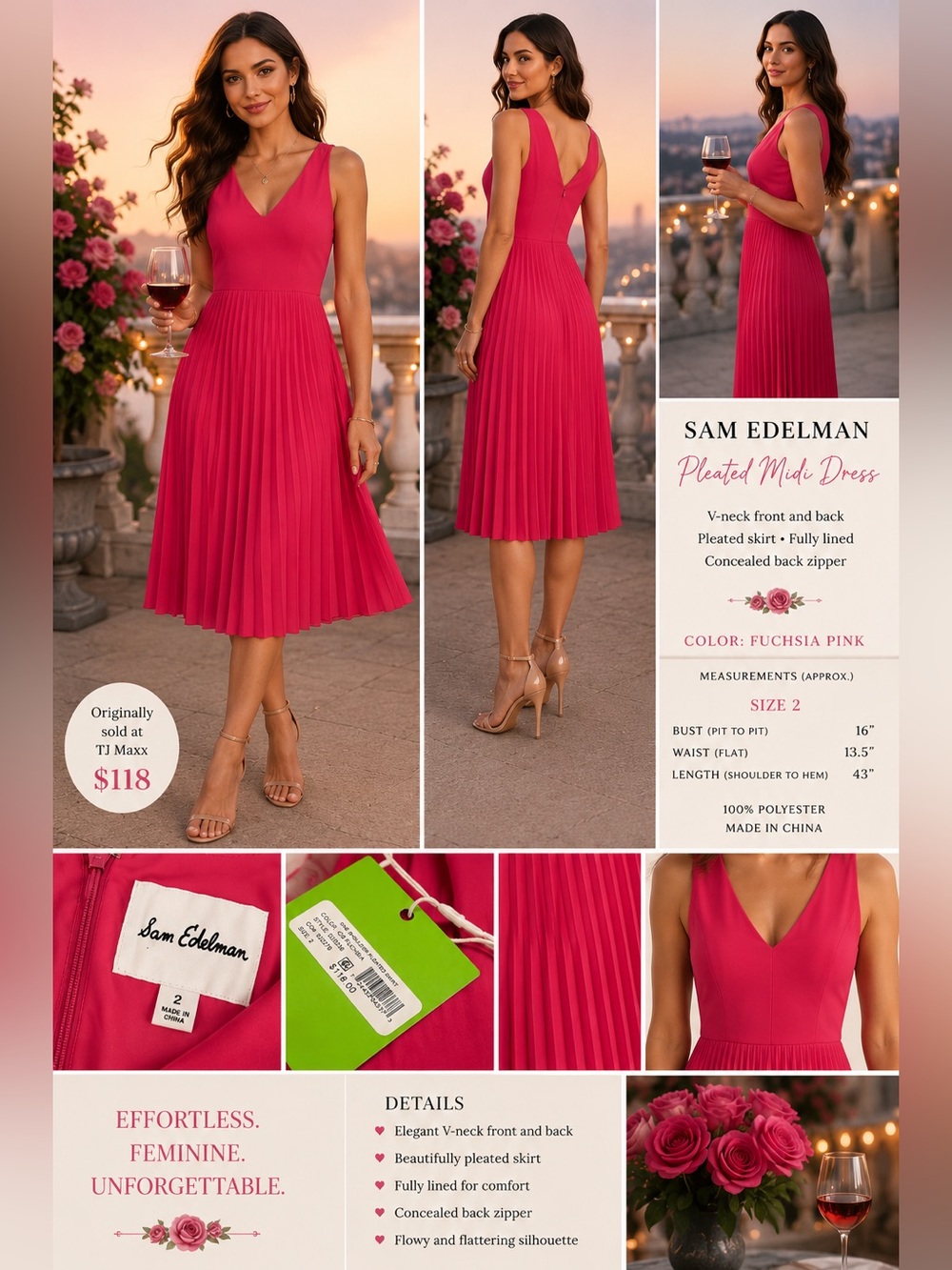 NWT Sam Edelman Sleeveless Bright Pink Fuchsia Midi  Size 2 Barbiecore